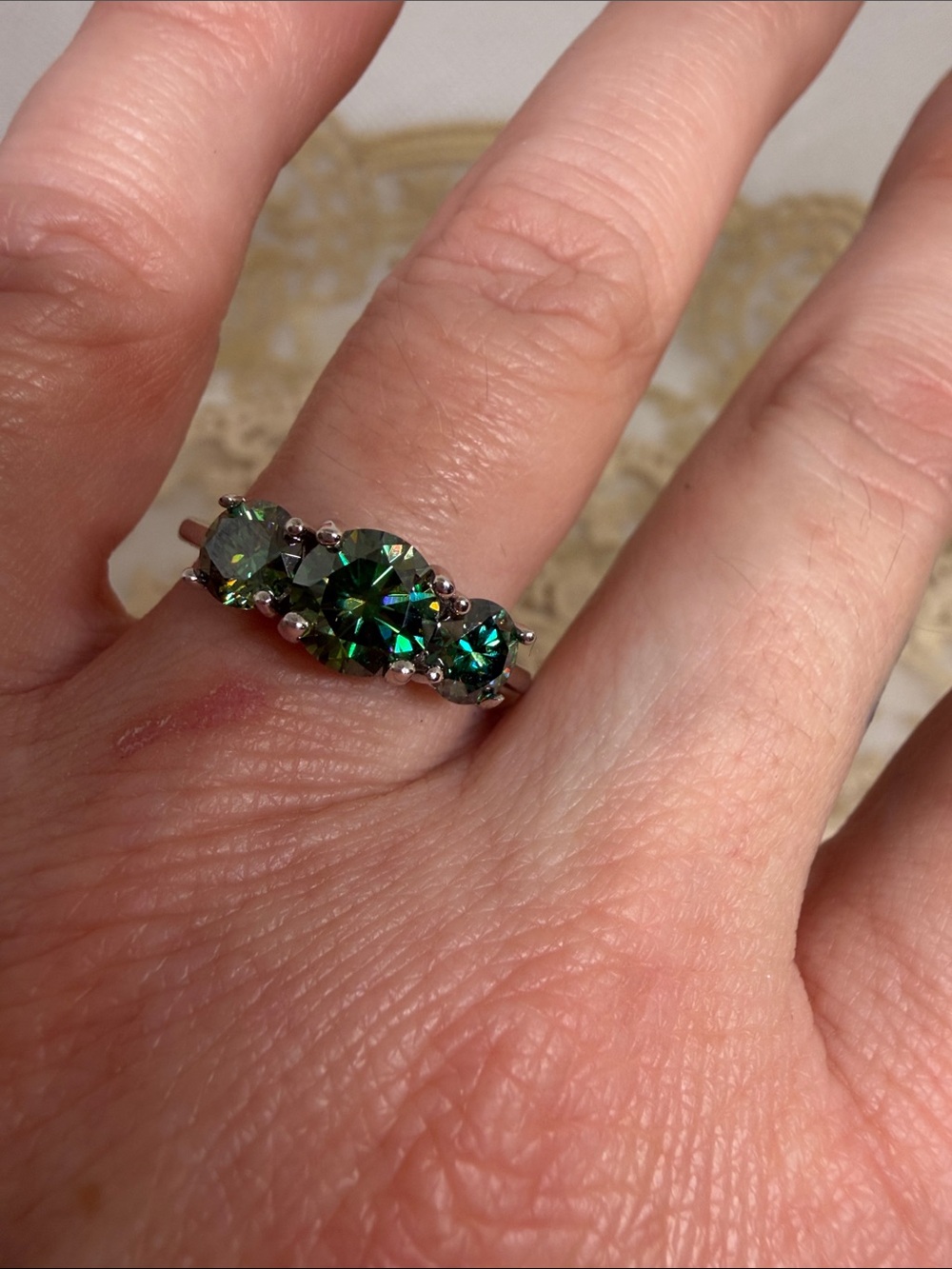 Russian Green Moissanite 2 CTW Three Stone S925 Ring Sz 8 GRA Certified